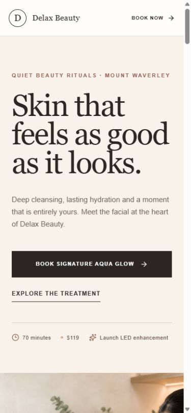 Delax Beauty mobile redesign with stacked facial treatment information and a prominent booking action